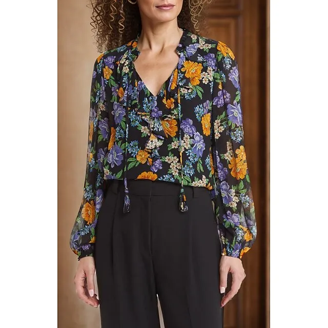 Women's Floral Ruffle Balloon Sleeve Chiffon Shirt Blouse V Neck Blouse with Tassel Ties