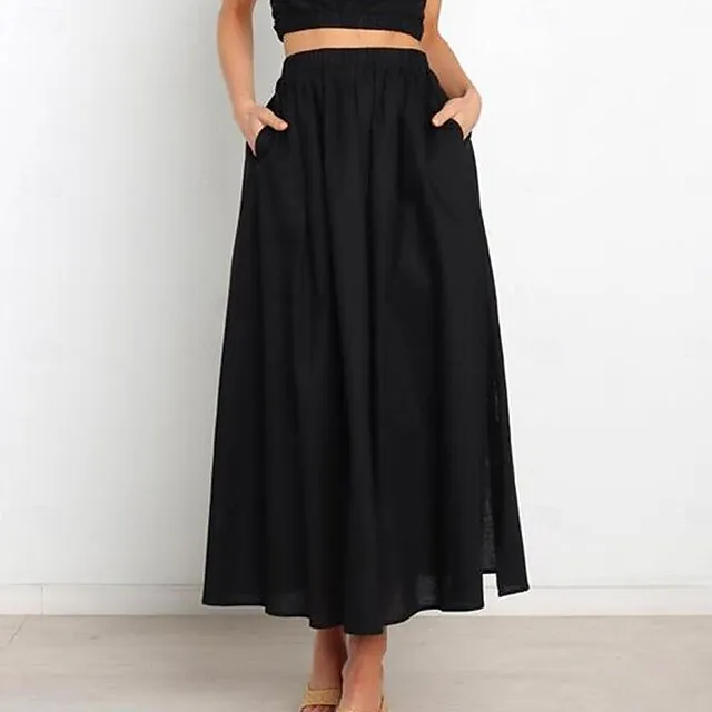 Women's Skirt Swing Maxi Cotton Linen Black White Apricot Skirts Summer Pocket High Waist Basic Casual Casual Daily Weekend S M L