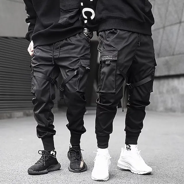 Men's Cargo Pants Cargo Trousers Joggers Techwear Drawstring Elastic Waist Multi Pocket Plain Ankle-Length Casual Weekend Cotton Streetwear Hip Hop Black