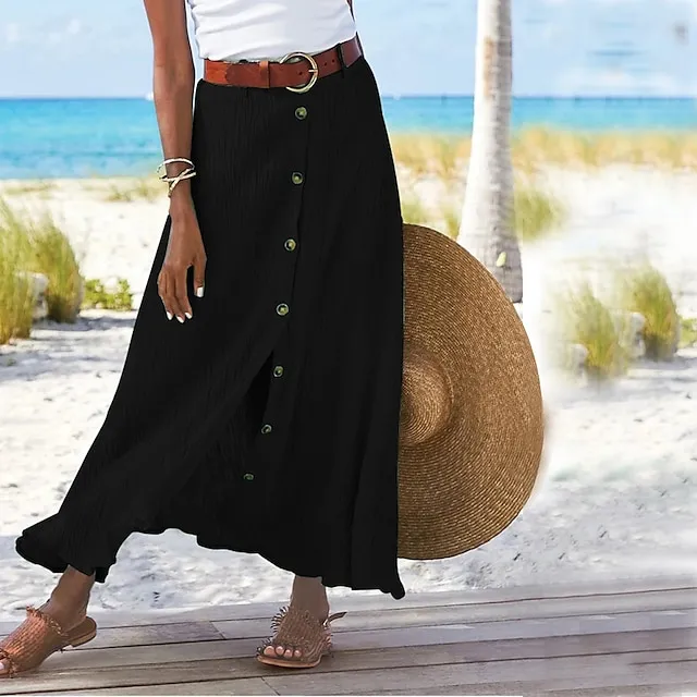 Women's Skirt Maxi Linen Button Black White Navy Blue Orange Skirts Spring & Summer Split Fashion Causal Vacation Daily S -5XL