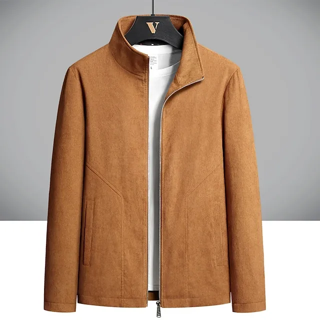Men's Brown Suede Jacket Outdoor Daily Wear Durable Casual / Daily Pocket Fall Winter Solid / Plain Color Comfort Leisure Stand Collar Black Coffee Gray Jacket