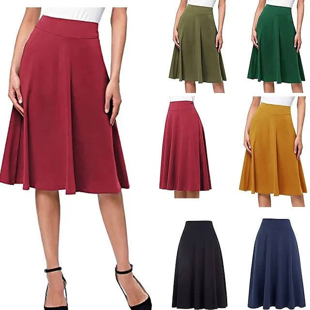 Women's Swing Work Skirts Midi Black Yellow Light Green Wine Skirts Knitting Elegant Office / Career S M L