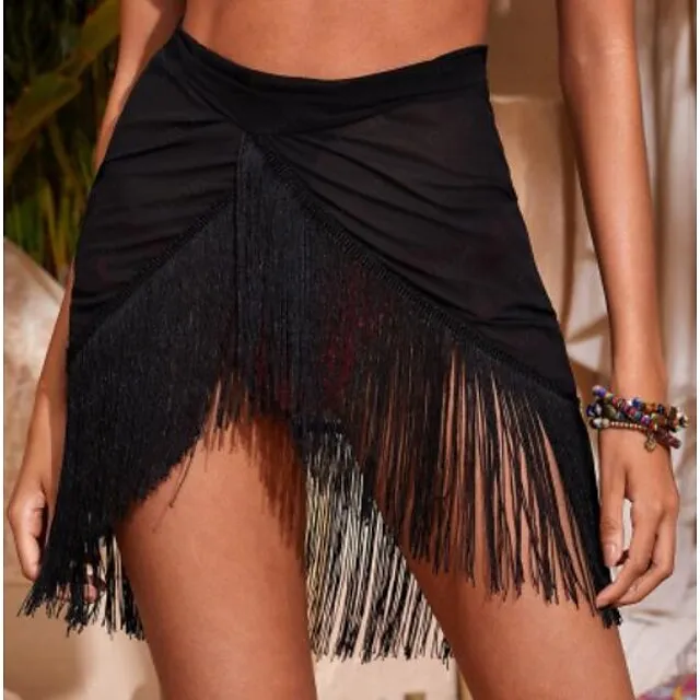 Women's Skirt Mini Asymmetrical Black Skirts Tassel Fringe Sexy Vacation Beach S M L