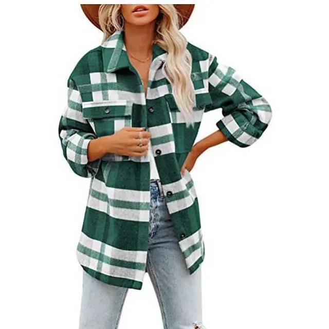 Women's Shirt Shacket Cotton Plaid Casual Yellow Army Green Red Print Button Pocket Long Sleeve Fashion Shirt Collar Regular Fit Spring & Fall