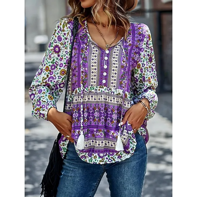 Women's Lace Shirt Shirt Blouse Floral Casual Holiday Red Navy Blue Blue Print Lace up Long Sleeve Fashion V Neck Regular Fit Spring & Fall